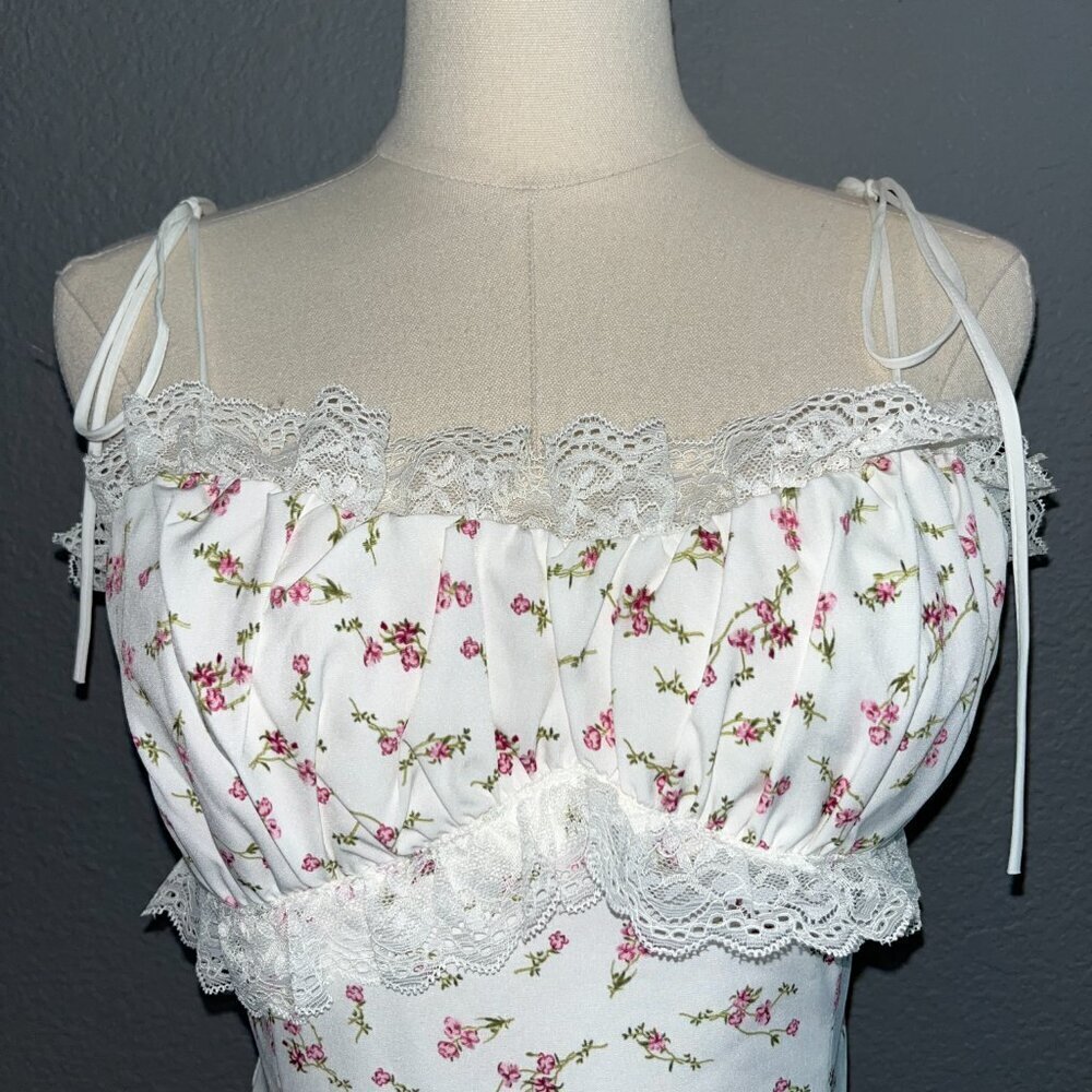 2bella Boutique Spaghetti Strap Ruffle Tie Bottom Mini Dress -White Ditzy Floral - Picture 2 of 15
